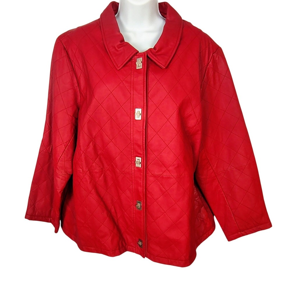 Dialogue Red Quilted Leather Jacket‎ Plus Size 1X Turnlock Closure vtg